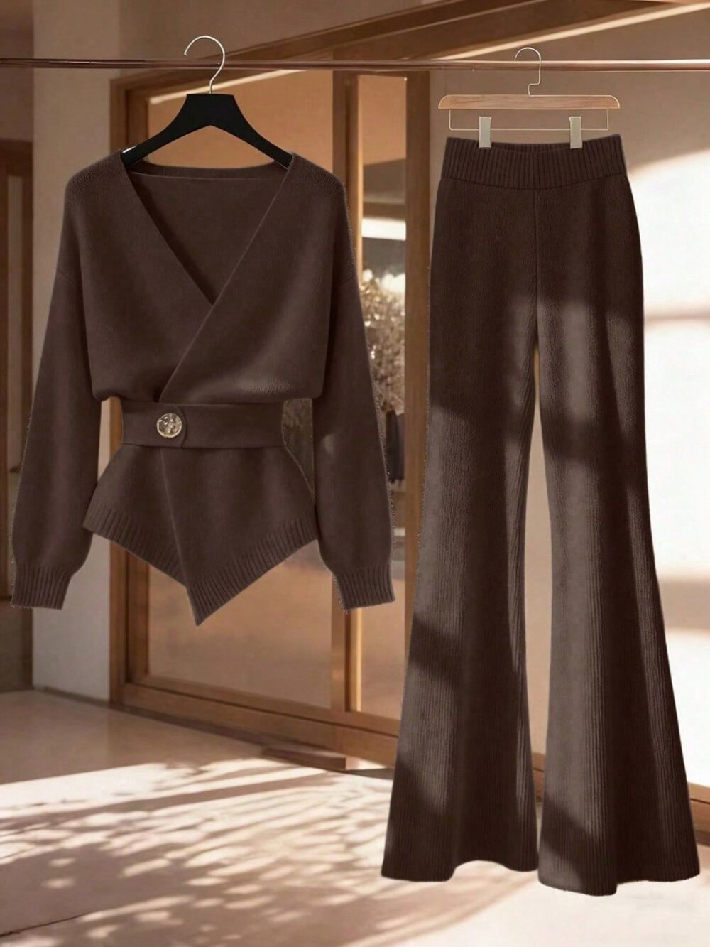 Chocolate Brown Women's Casual Loose Elegant Knitted Sweater Set